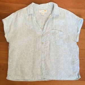 C&C California Pale Blue Floral Short Sleeve Button Shirt 100% Linen